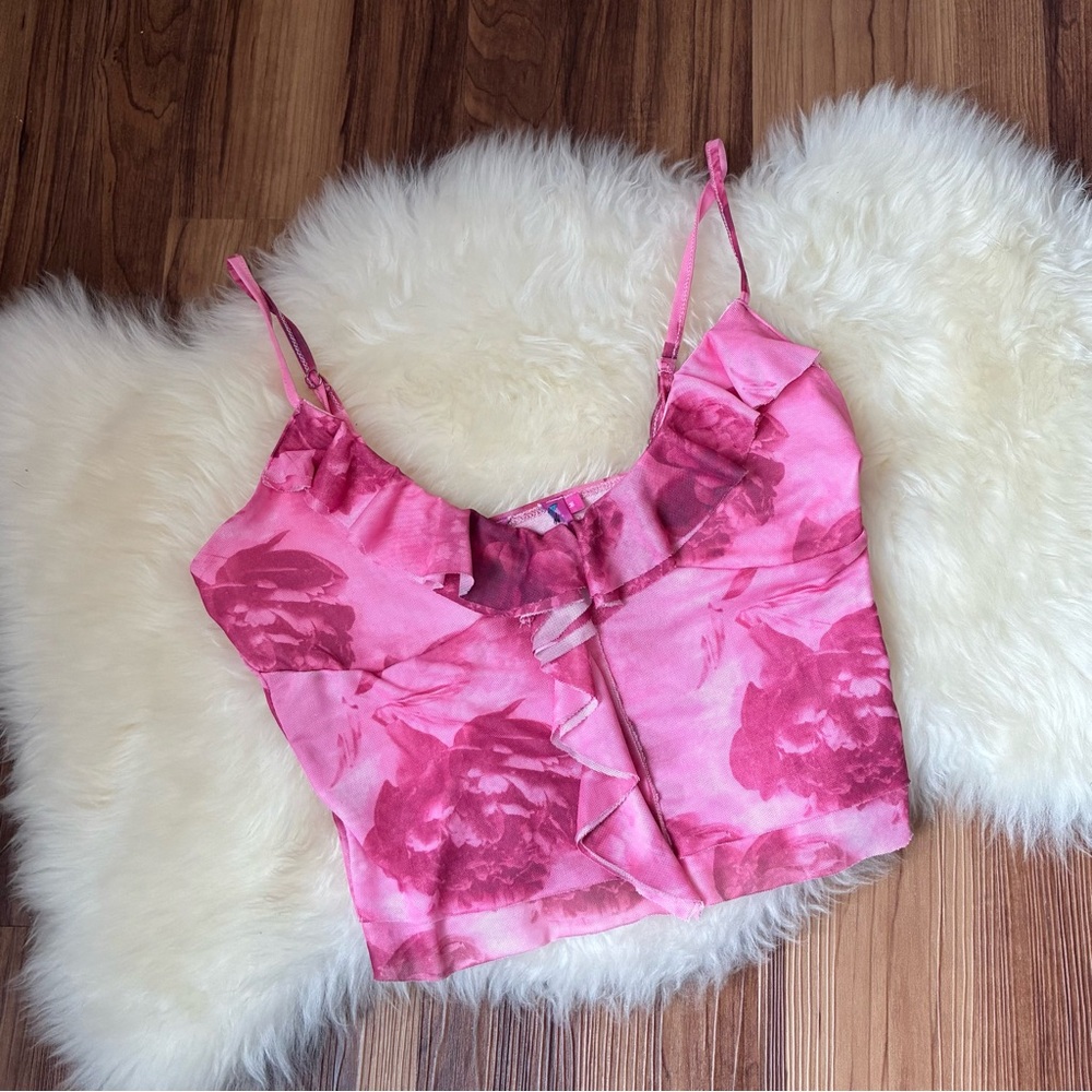 Edikted Pink Rose Wanda Printed Mesh Ruffled Tank Top • Size M
